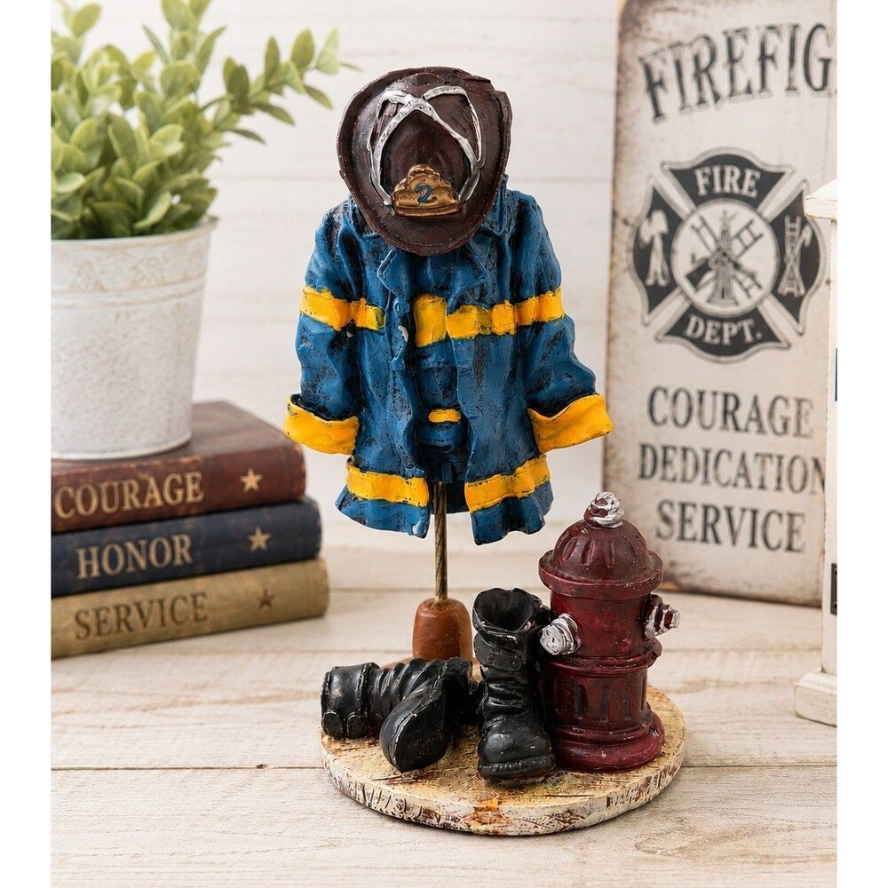 Rustic Firefighter Gear Figurine Fire Hydrant Boots Helmet Resin Shelf Decor 5"